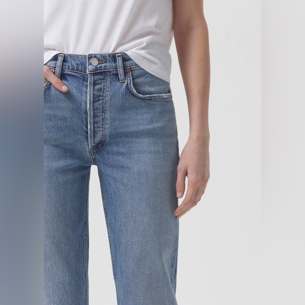 Agolde Riley Long High Rise Button Fly Distressed Hem Straight Leg Jeans 24 - Picture 16 of 16